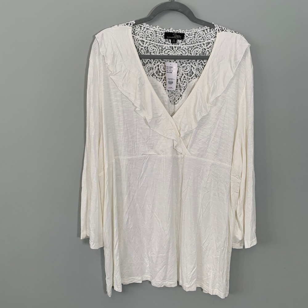 NEW Suzanne Betro Womens White Lace Trim Ruffle V Neck Long Sleeve Tunic Top 4X